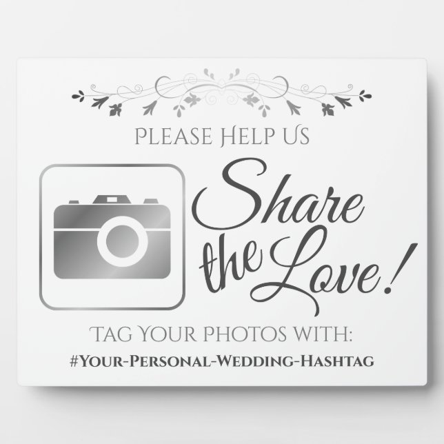 Gray & White Wedding Foto Hashtag Sign Fotoplatte (Vorderseite)