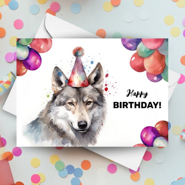 Gray Wolf Balloons und Party Hat Wild Geburtstag Karte (Von Creator hochgeladen)