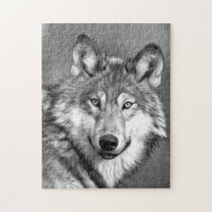Gray Wolf Kunstmalerei Grafik Schwarz und Weiß Puzzle