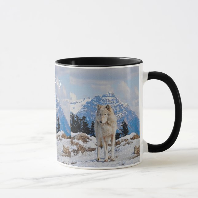 Gray Wolf & Mountain Wildlife Art Drinks Tasse (Rechts)