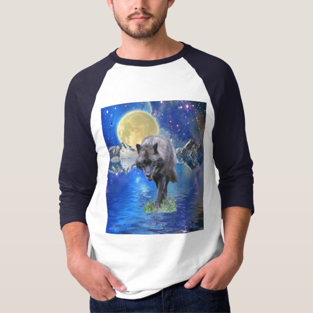 GRAY WOLF & OUTER SPACE Fantasy Wildlife T-Shirt (Vorderseite)