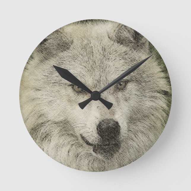 Gray Wolf Pencil Sketch Wildlife Art Geschenk Runde Wanduhr (Vorderseite)