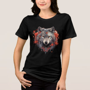 Gray Wolf with Red Flowers Illustration Tri-Blend Shirt