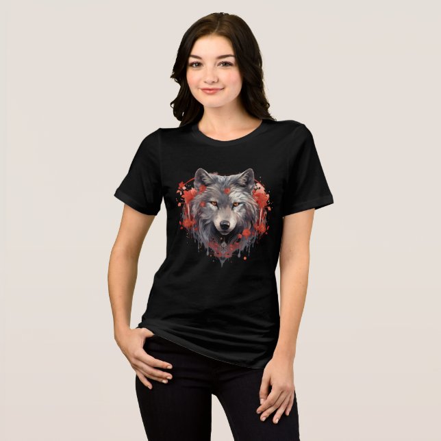 Gray Wolf with Red Flowers Illustration Tri-Blend Shirt (Vorderseite voll)