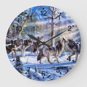 Gray Wolves Painting Große Wanduhr