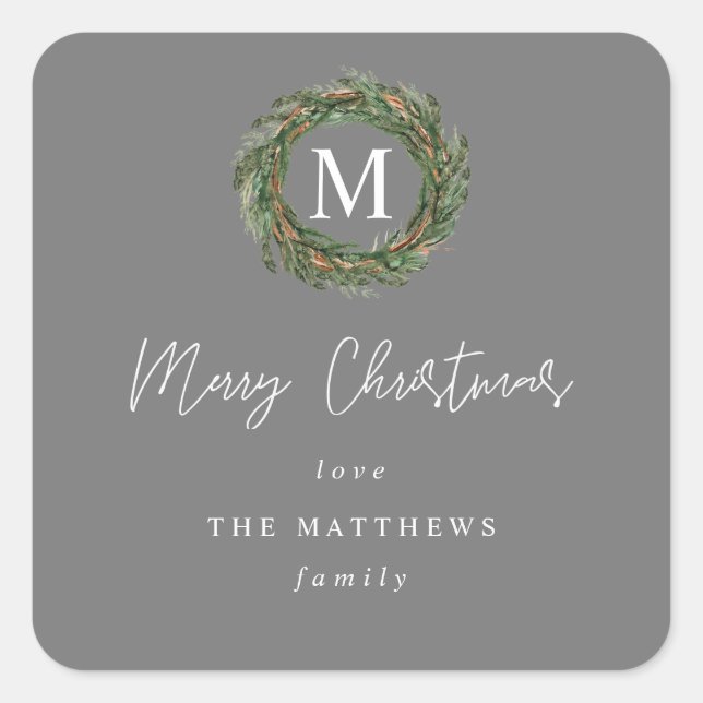 Gray Wreath Monogram Frohe Weihnachtsgeschenke Squ Quadratischer Aufkleber (Vorderseite)