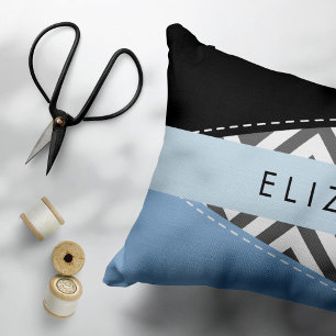 Gray Zigzag, grau Zickzack, blau, Ihr Name Dekokissen