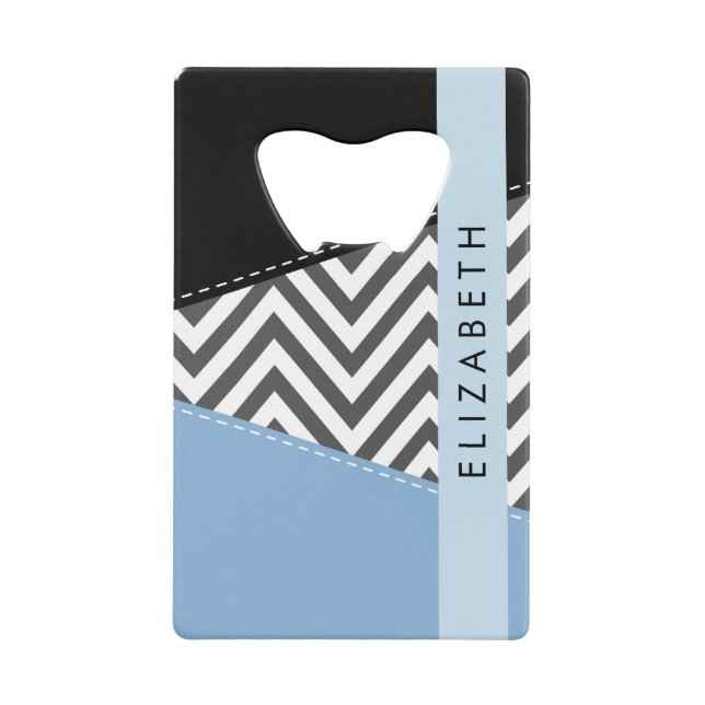 Gray Zigzag, grau Zickzack, blau, Ihr Name Geldbeutel Flaschenöffner (Vorderseite)