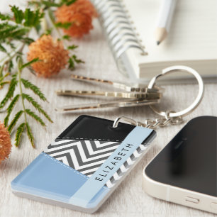 Gray Zigzag, grau Zickzack, blau, Ihr Name Schlüsselanhänger