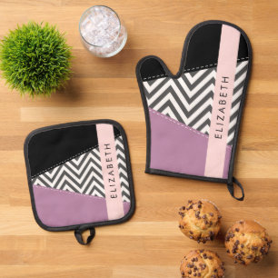 Gray Zigzag, grau Zickzack, Lila, Ihr Name Ofenhandschuh & Topflappen-Set