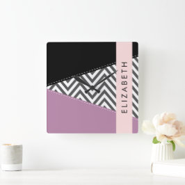 Gray Zigzag, grau Zickzack, Lila, Ihr Name Quadratische Wanduhr