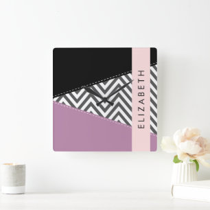 Gray Zigzag, grau Zickzack, Lila, Ihr Name Quadratische Wanduhr