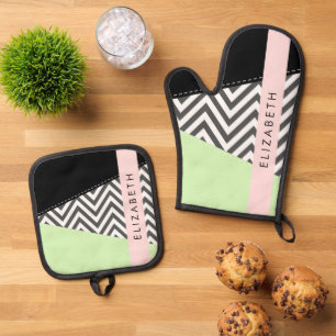 Gray Zigzag, grau Zickzack, Mint, Ihr Name Ofenhandschuh & Topflappen-Set