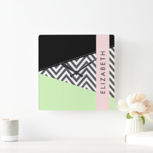 Gray Zigzag, grau Zickzack, Mint, Ihr Name Quadratische Wanduhr