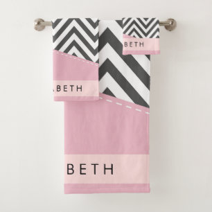 Gray Zigzag, grau Zickzack, rosa, Ihr Name Badhandtuch Set