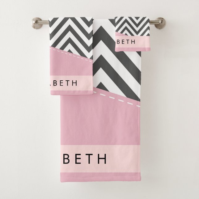 Gray Zigzag, grau Zickzack, rosa, Ihr Name Badhandtuch Set (Insitu)