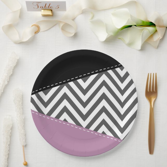 Gray Zigzag, grau Zickzack, Zigzag Muster, Lila Pappteller (Hochzeit)