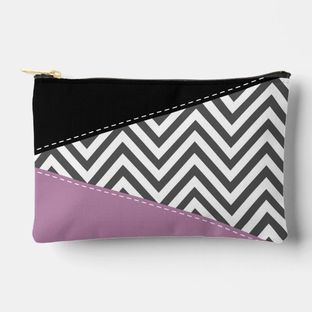 Gray Zigzag, grau Zickzack, Zigzag Muster, Lila Zubehörtasche (Vorderseite)