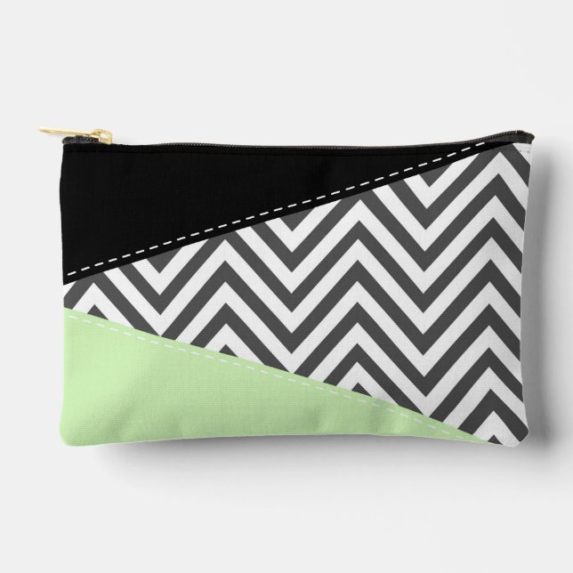 Gray Zigzag, grau Zickzack, Zigzag Muster, Minze Zubehörtasche (Vorderseite)