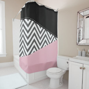 Gray Zigzag, Gray Chevron, Zigzag Pattern, Pink Duschvorhang
