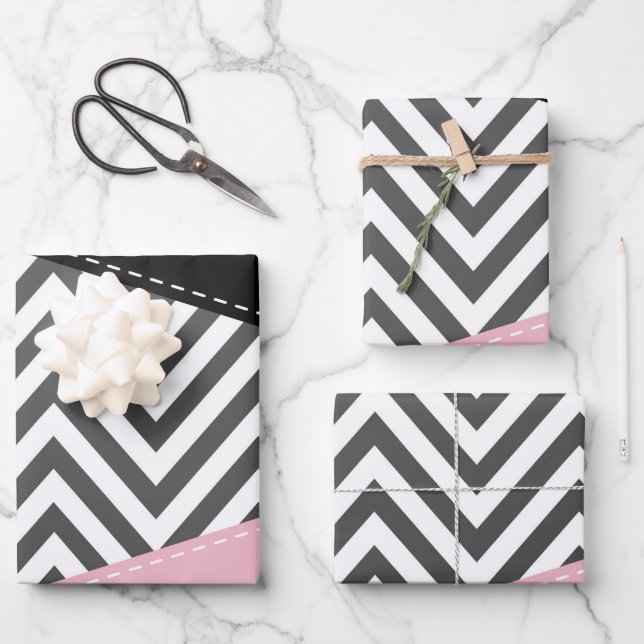 Gray Zigzag, Gray Chevron, Zigzag Pattern, Pink Geschenkpapier Set (Vorderseite)