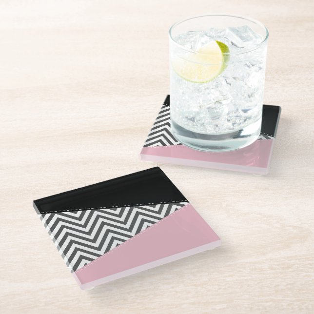 Gray Zigzag, Gray Chevron, Zigzag Pattern, Pink Glasuntersetzer (Schrägansicht)