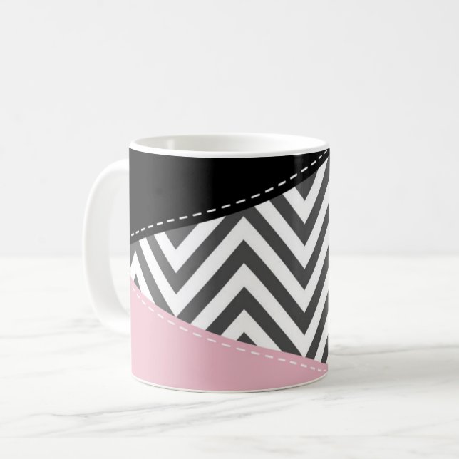 Gray Zigzag, Gray Chevron, Zigzag Pattern, Pink Kaffeetasse (Vorderseite Links)