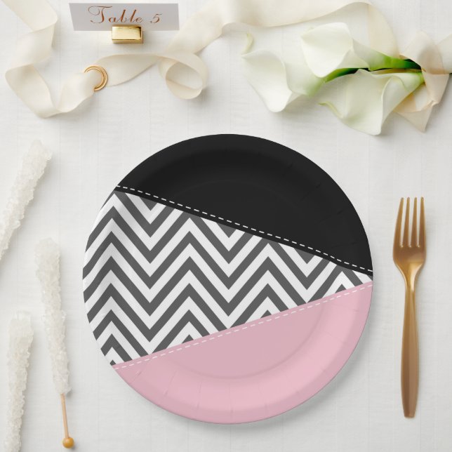 Gray Zigzag, Gray Chevron, Zigzag Pattern, Pink Pappteller (Hochzeit)
