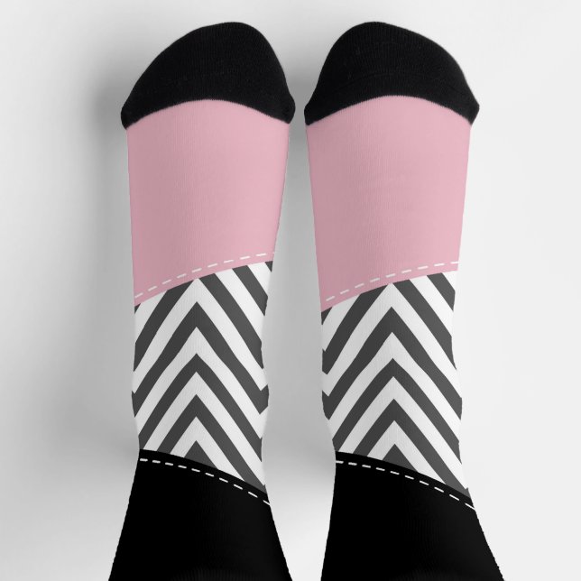 Gray Zigzag, Gray Chevron, Zigzag Pattern, Pink Socken (Oben)