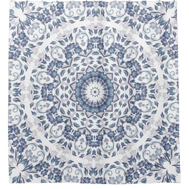 Grayish Blue Floral Mandala Duschvorhang (Vorderseite)