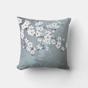 Grayish Blue White Floral Cherry Blossoms Kissen Für Draußen