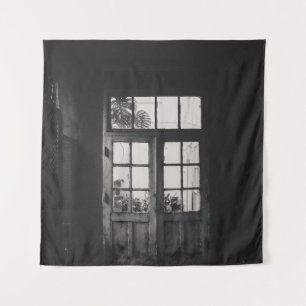 GRAYSCALE FOTO AUS HOLZ GERAHMTE GLASTÜR WANDTEPPICH