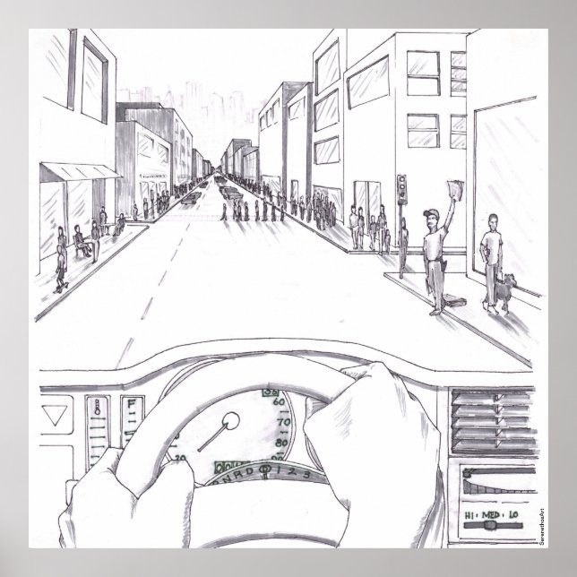 Grayscale Illustration Point of View of Driving Poster (Vorne)