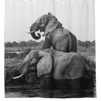 GRAYSCALE PHOTO OF TWO ELEPHANTS ON BODY OF WATER DUSCHVORHANG
