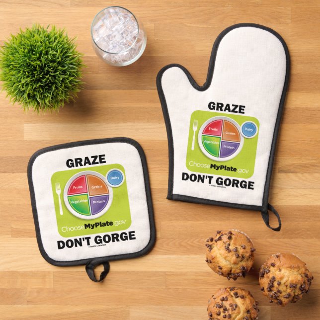 Graze Don't Gorge (MyPlate Food Group Attitude) Ofenhandschuh & Topflappen-Set (Oben Unten)