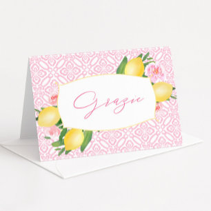 Grazie Pink Tile Watercolor Zitronen Babyparty Dankeskarte
