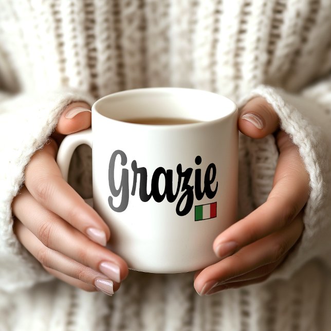 Grazie (Thank You) Italian Flag Mug Kaffeetasse (Woman's hands holding a white mug that says Grazie with an Italian flag. A lovely thank you gift!)