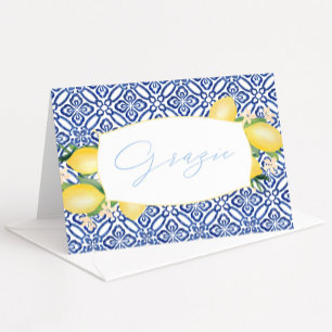 Grazie Watercolor Lemons Blue Italy Tiles Dankeskarte