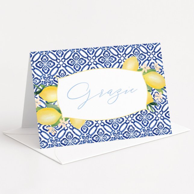 Grazie Watercolor Lemons Blue Italy Tiles Dankeskarte (Grazie watercolor lemons blue tiles Italian theme bridal shower thank you card)