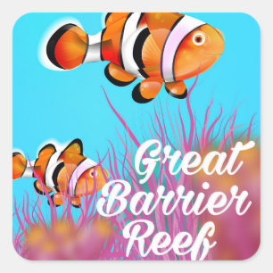 Great Barrier Reef Clownfisch-Cartoonplakat Quadratischer Aufkleber
