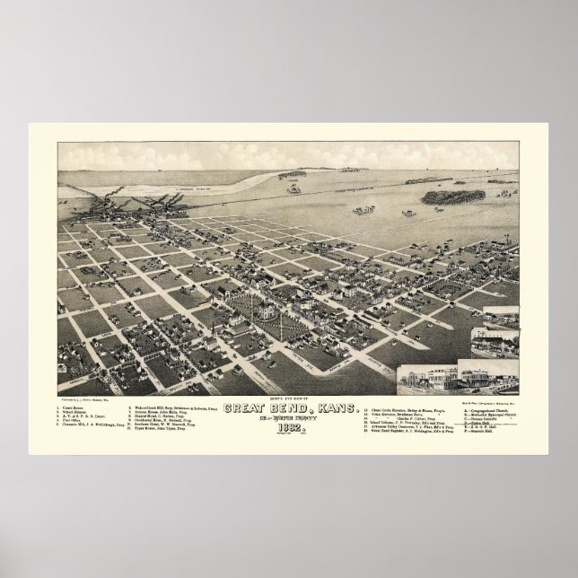 Great Bend, KS Panoramic Karte - 1882 Poster (Vorne)