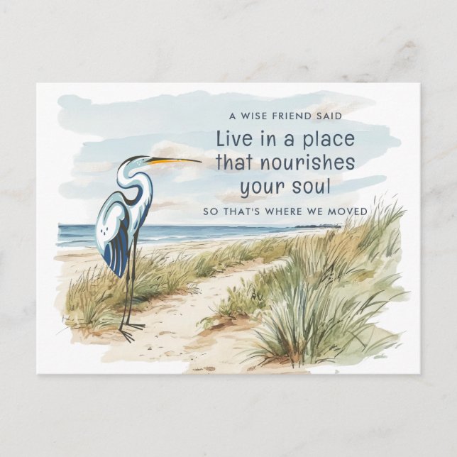 Great Blue Heron Beach Scene Neue Adresse Ankündigungspostkarte (Vorderseite)