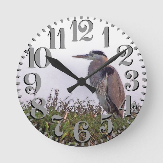 Great Blue Heron Bird Big Number Wall Clock Runde Wanduhr (Vorderseite)
