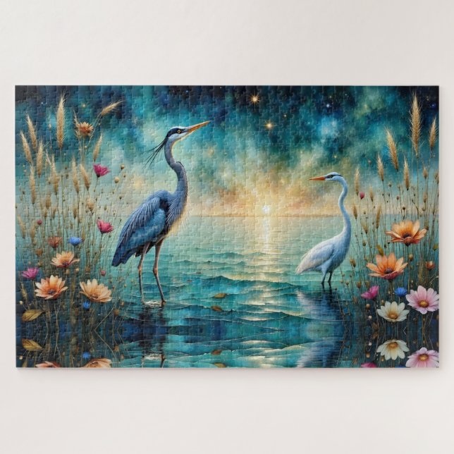 Great blue Heron & Egret flowers in water Puzzle (Horizontal)