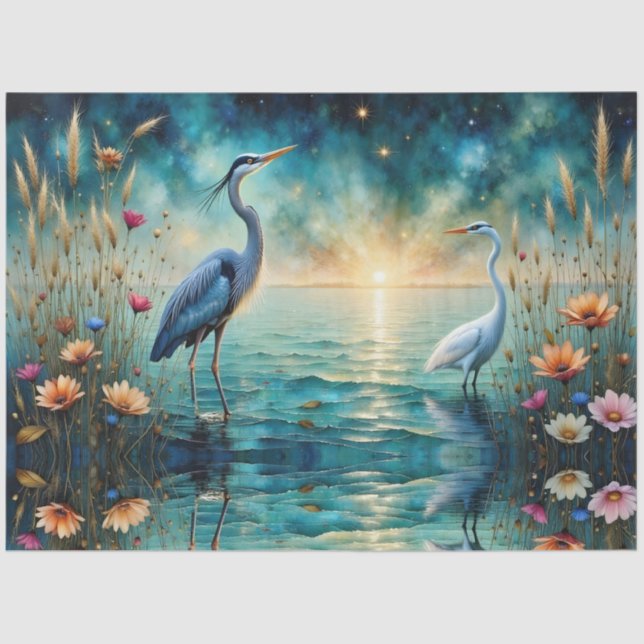 Great blue Heron & Egret flowers in water Seidenpapier (Vorderseite)