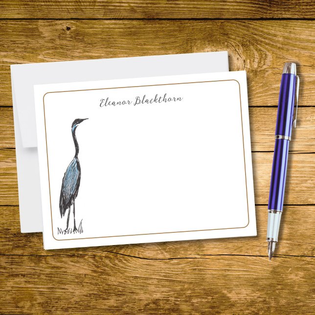 Great Blue Heron HandGezeichnet Vintager Elegant B Mitteilungskarte (This nature-themed note card features my own hand-drawn pen and ink Great Blue Heron.)
