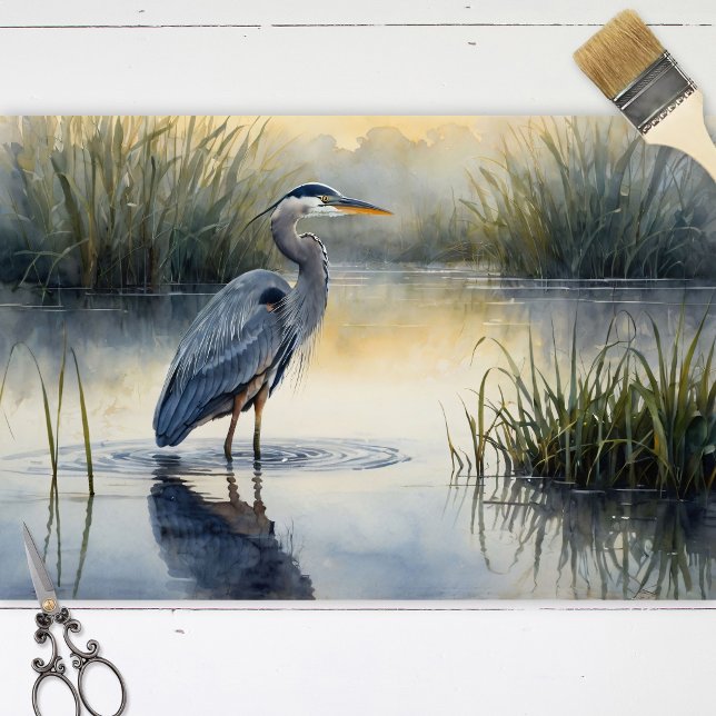Great Blue Heron in Marsh Decoupage Seidenpapier (Tissue paper sheets with a watercolor great blue heron in a marsh landscape, laid flat on white wood)