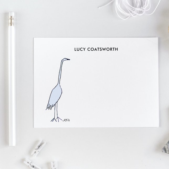 Great Blue Heron Monogram Boho Bird Artwork Mitteilungskarte (These whimsical Great Blue Heron notecards capture the  beauty and humor of this bird.)
