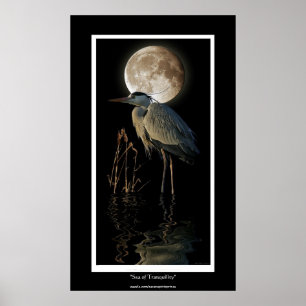GREAT BLUE HERON, REEDS & MOON Art Print Poster