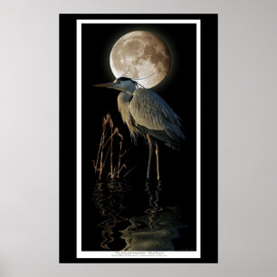 Great Blue Heron, Reeds & Moon Nature Art Print Poster